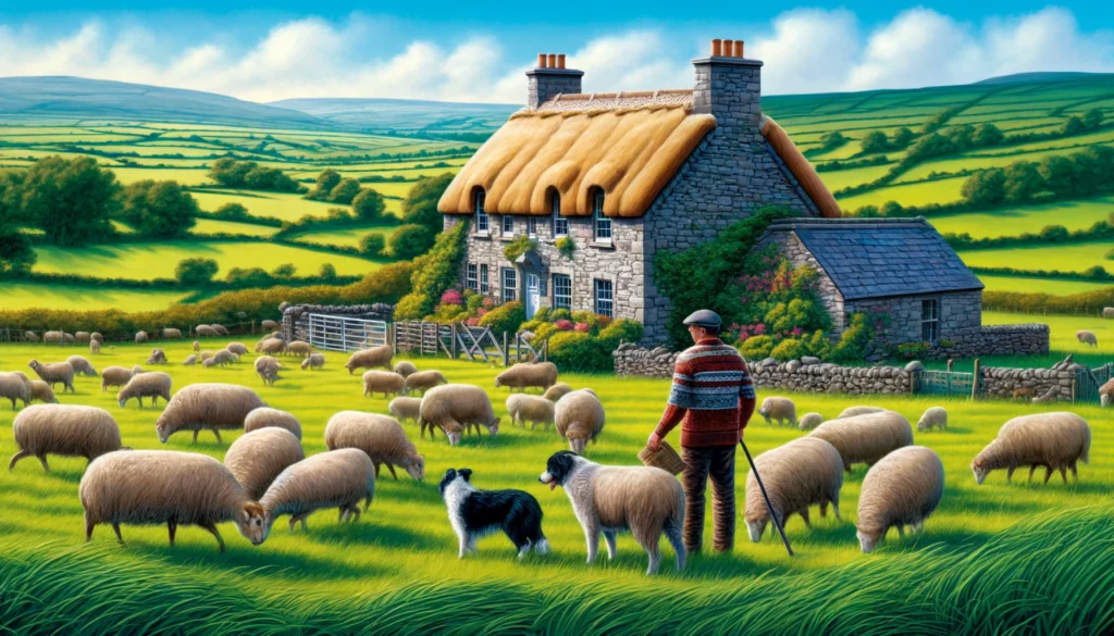 Irish Farm Life - A vivid and detailed wide illustration of a traditional farm in Ireland, capturing the picturesque and lush green landscape typical of the region. The (2)